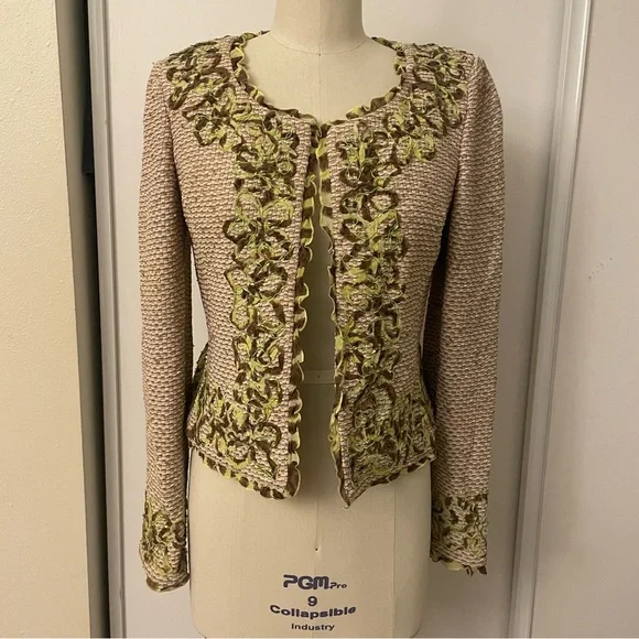 St. John Couture Ecru & Toffee Ribbon Embroidered Jacket US 4, Skirt US 8